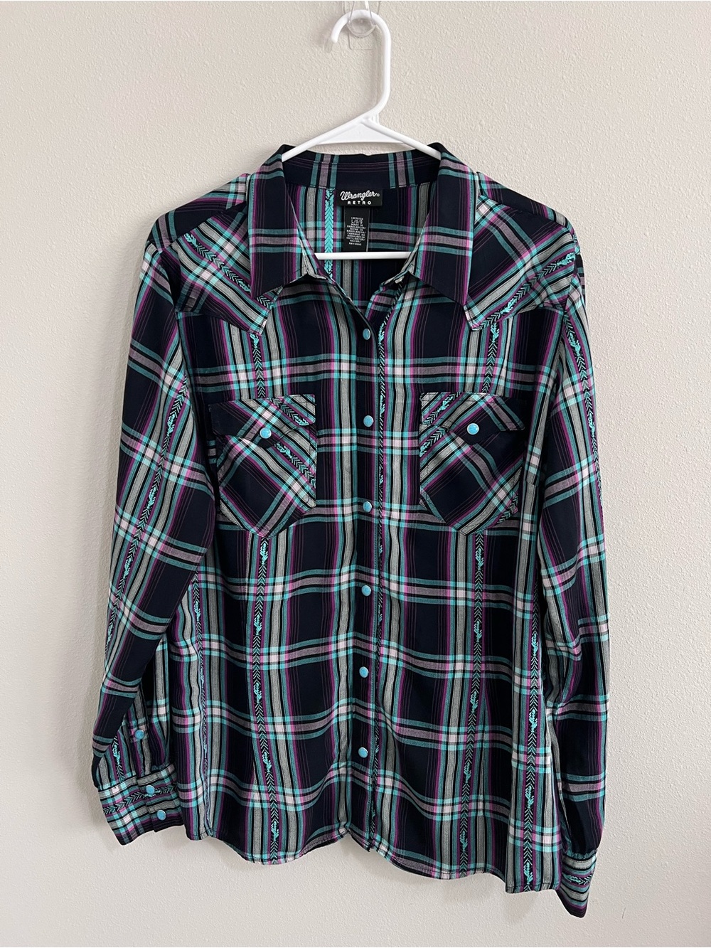 Wrangler Retro Women's Plaid Pearl Snap Western Shirt Cactus Embroidered Size L